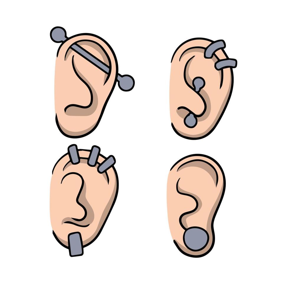 Piercing in ears. Set of different types of women earrings and jewelry. Cartoon illustration vector