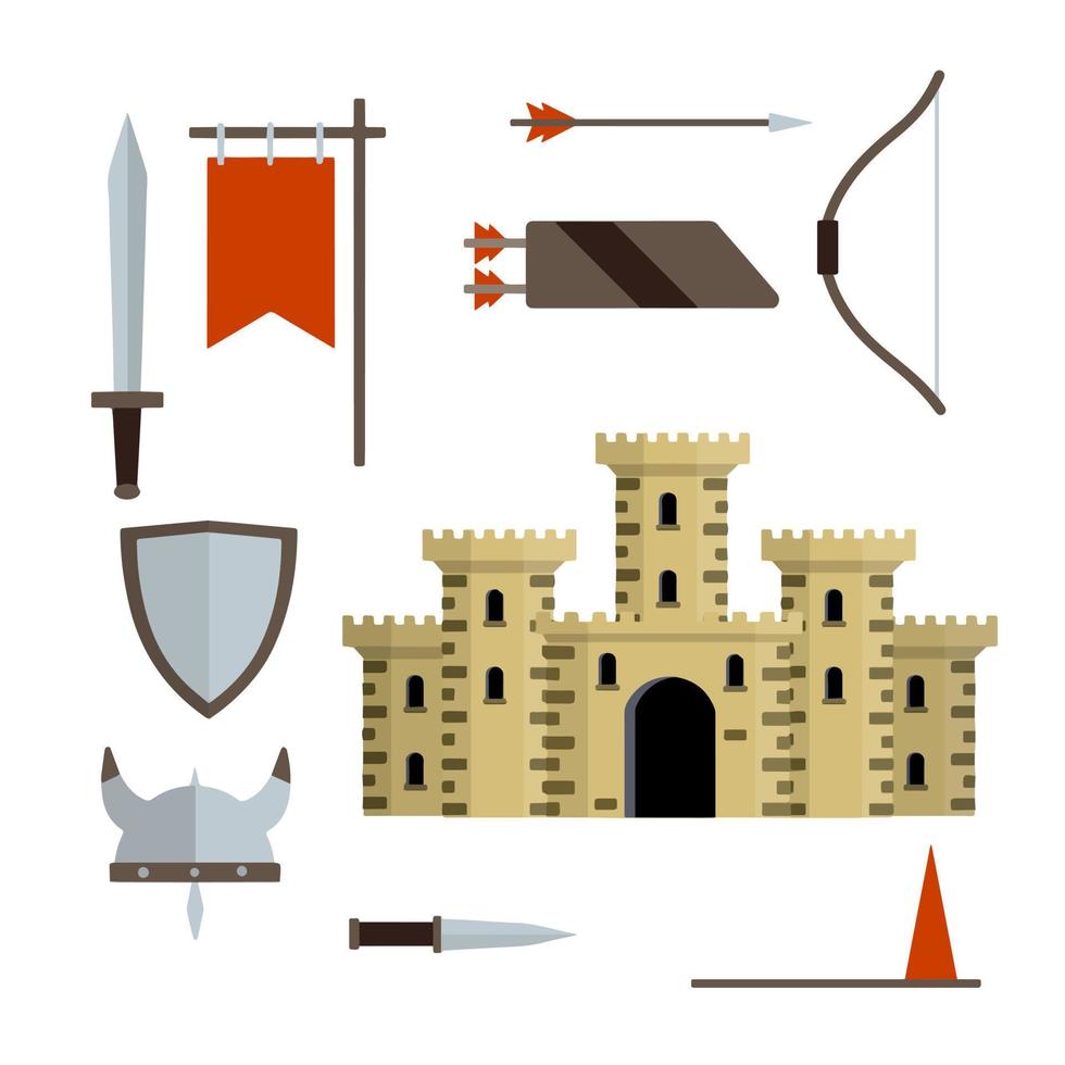 Medieval set of item. European castle with tower, shield, sword, red flag, tournament, arrow, bow, quiver, helmet of Viking. Historical subject. Cartoon flat illustration. Old armor and knight weapons vector