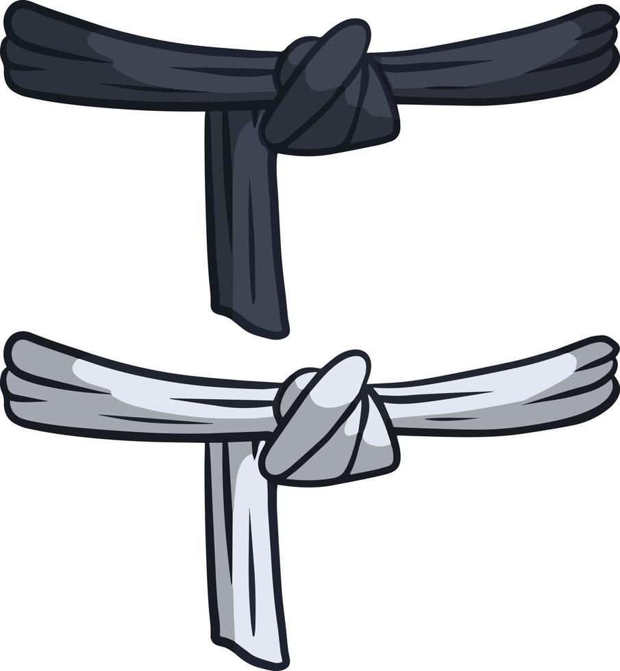 Black and white belt karate and judo. Oriental combat sport. Element of clothing of fighter. Traditional Japanese kimono. Master level set. Hand drawn illustration vector
