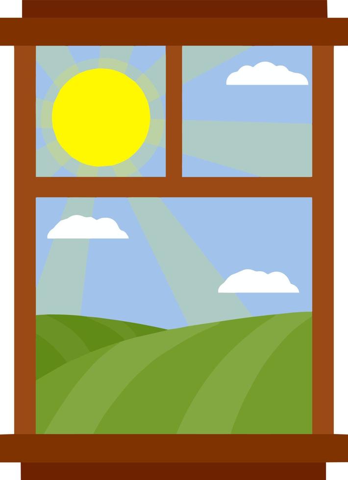 Beautiful countryside landscape from window with sun, blue sky. Element of interior of a country house. Life in the village. Green hills and a wooden frame with glass. Cartoon flat illustration vector