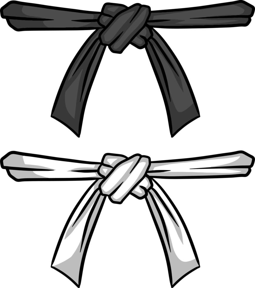 cinturón blanco y negro de karate y judo. deporte de combate oriental. elemento de ropa de luchador. kimono japonés tradicional. conjunto de nivel maestro. ilustración dibujada a mano vector