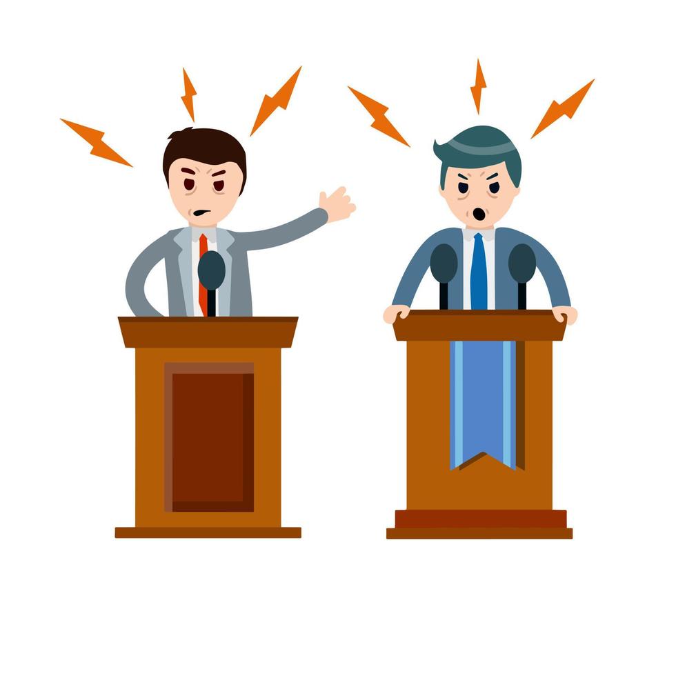 Political debate and dispute between two presidential candidates. Tribune and stand. Dialogue and elections. Podium for speech. Rostrum and man in suit. vector