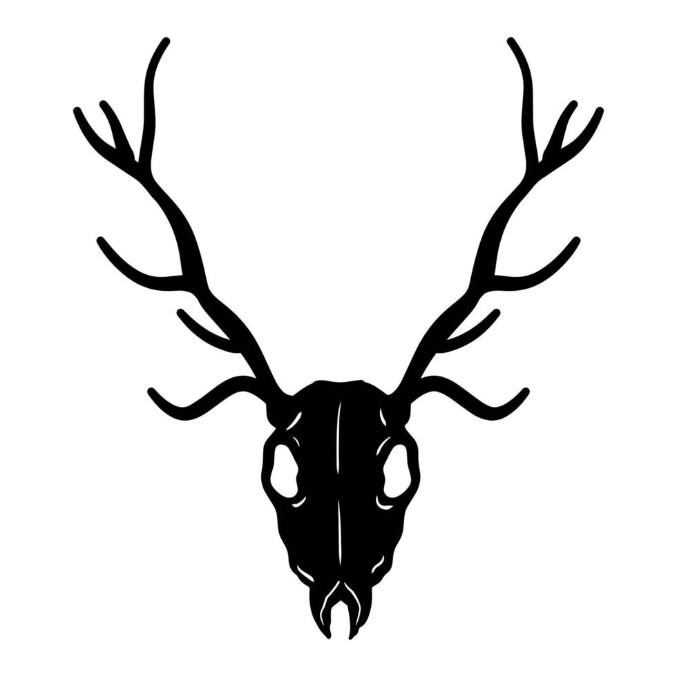 Skull of deer. Hunting trophy with horns. Antler of stag or reindeer. Scary black and white drawing for Halloween. Cartoon illustration isolated on white vector