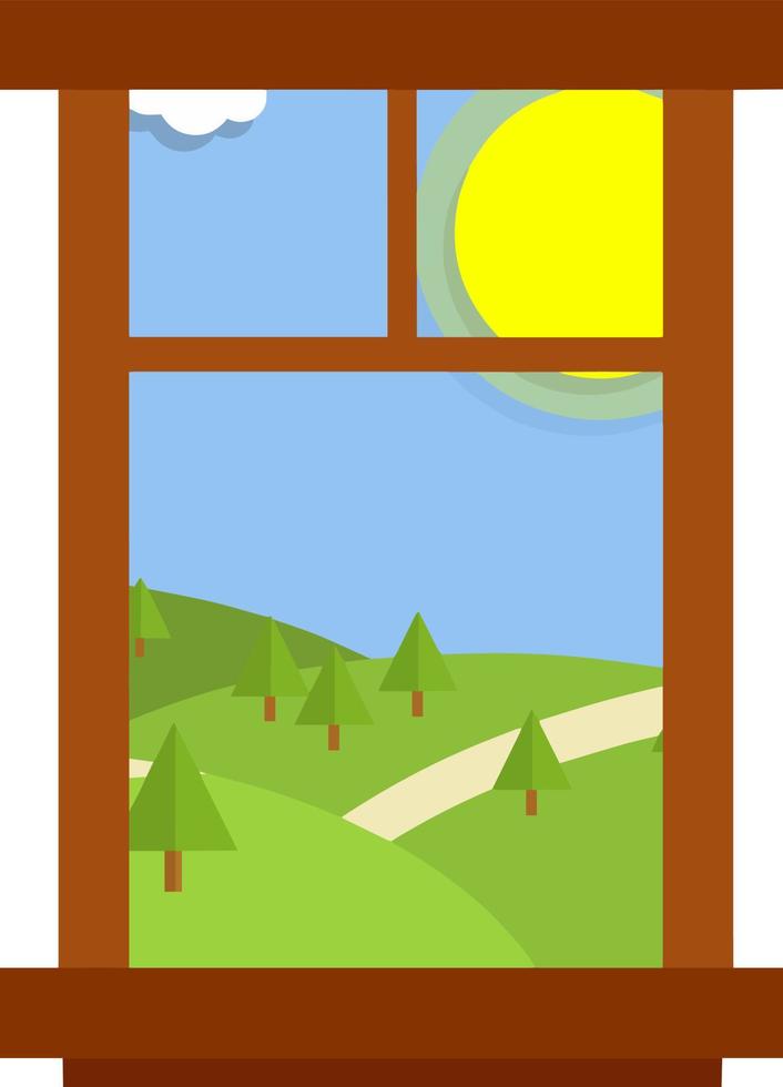 Beautiful countryside landscape from window with sun, blue sky. Element of interior of a country house. Life in the village. Green hills and a wooden frame with glass. Cartoon flat illustration vector