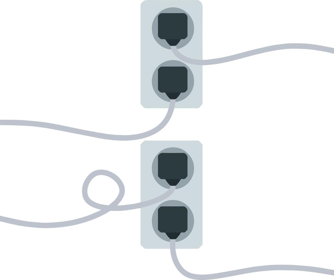 Many outlets to plug with wires. load on system. Cartoon flat illustration vector