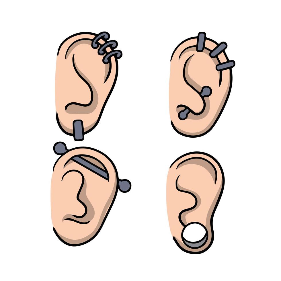 Piercing in ears. Set of different types of women earrings and jewelry. Cartoon illustration vector