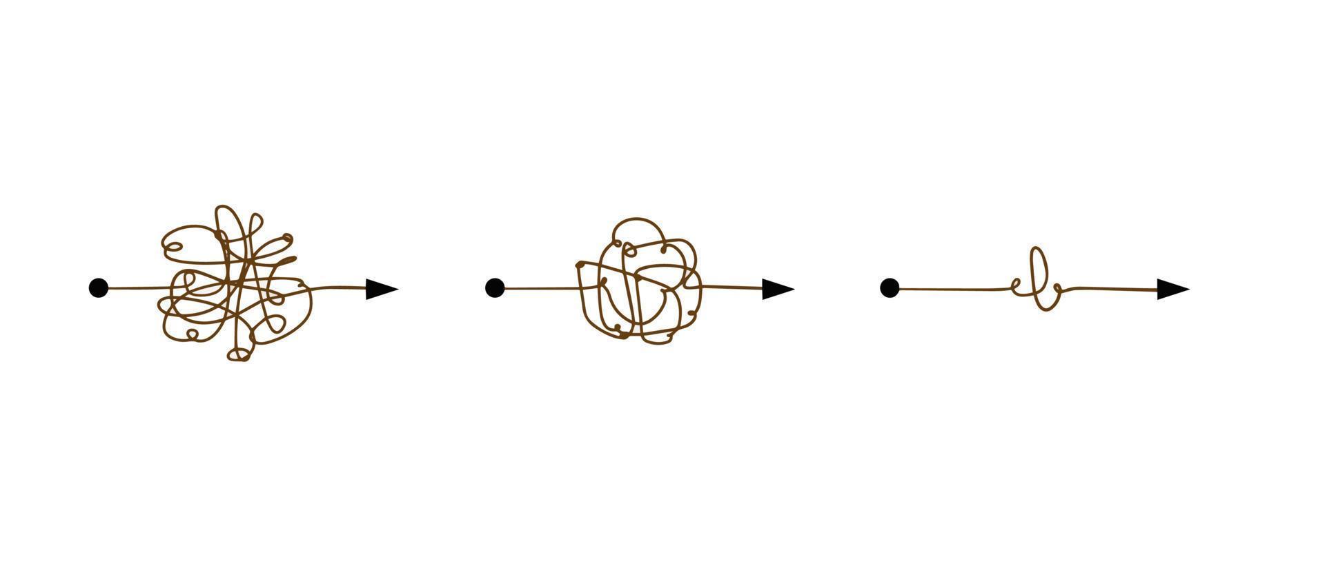 Tangle of lines. Unraveling the path. Psychological concept of solving mental problems. Chaotic messy clew. Simplifying the complex vector