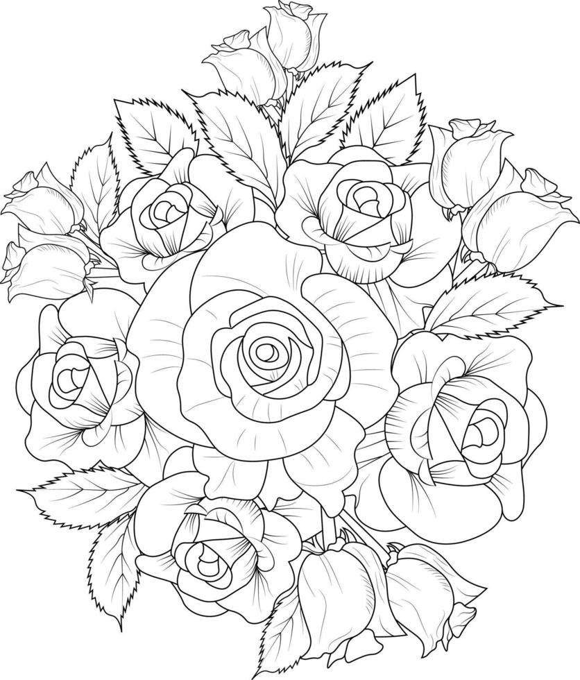 ramo de rosas, de diseño floral para tarjeta o impresión. ilustración de flores pintadas a mano aislada en fondos blancos, páginas para colorear florales de tinta grabada y libros para imprimir. vector