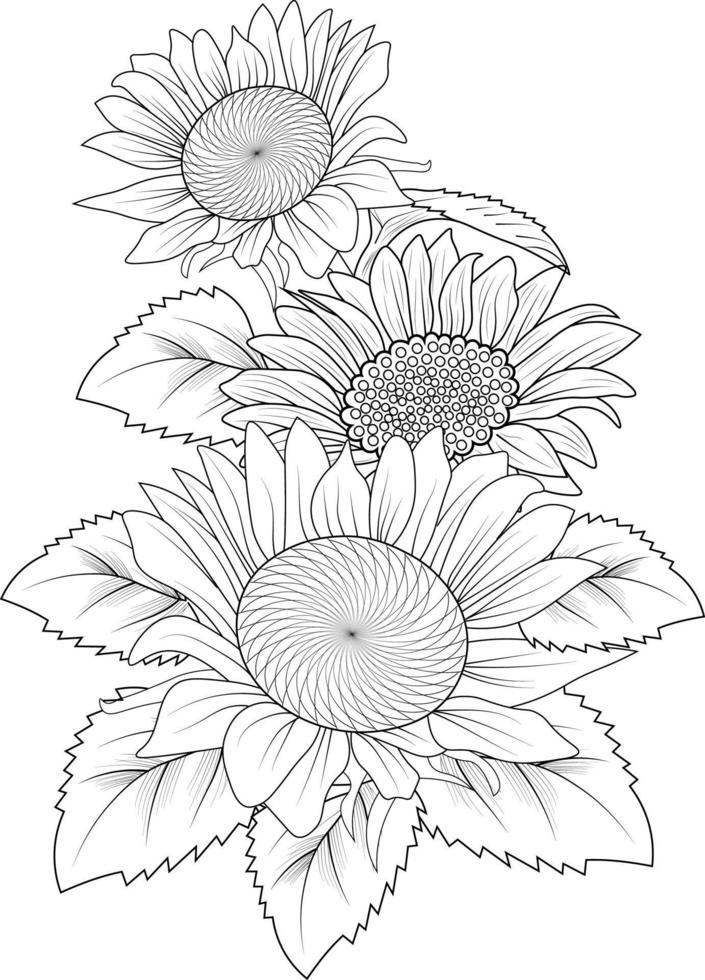 Sunflowers illustration coloring page, simplicity, Embellishment, monochrome, vector art, Outline print with blossoms sunflowe, leaves, and buds isolated on a white background.