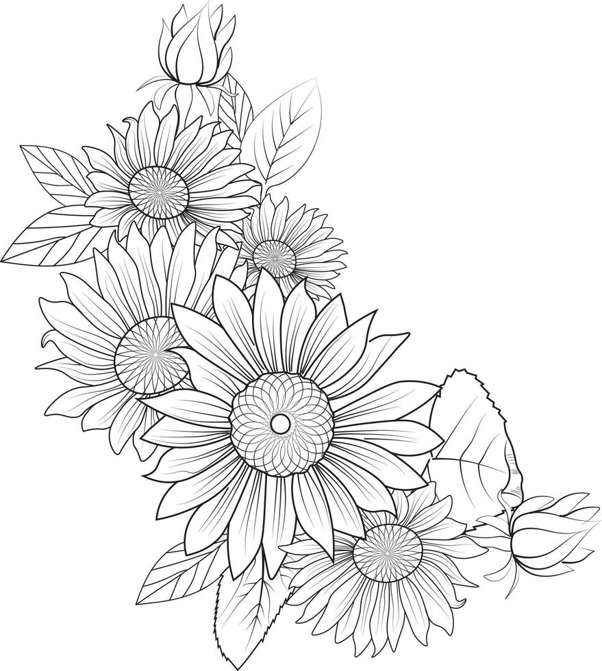 Sunflower drawing hand draw flower vase illustration, vector sketch