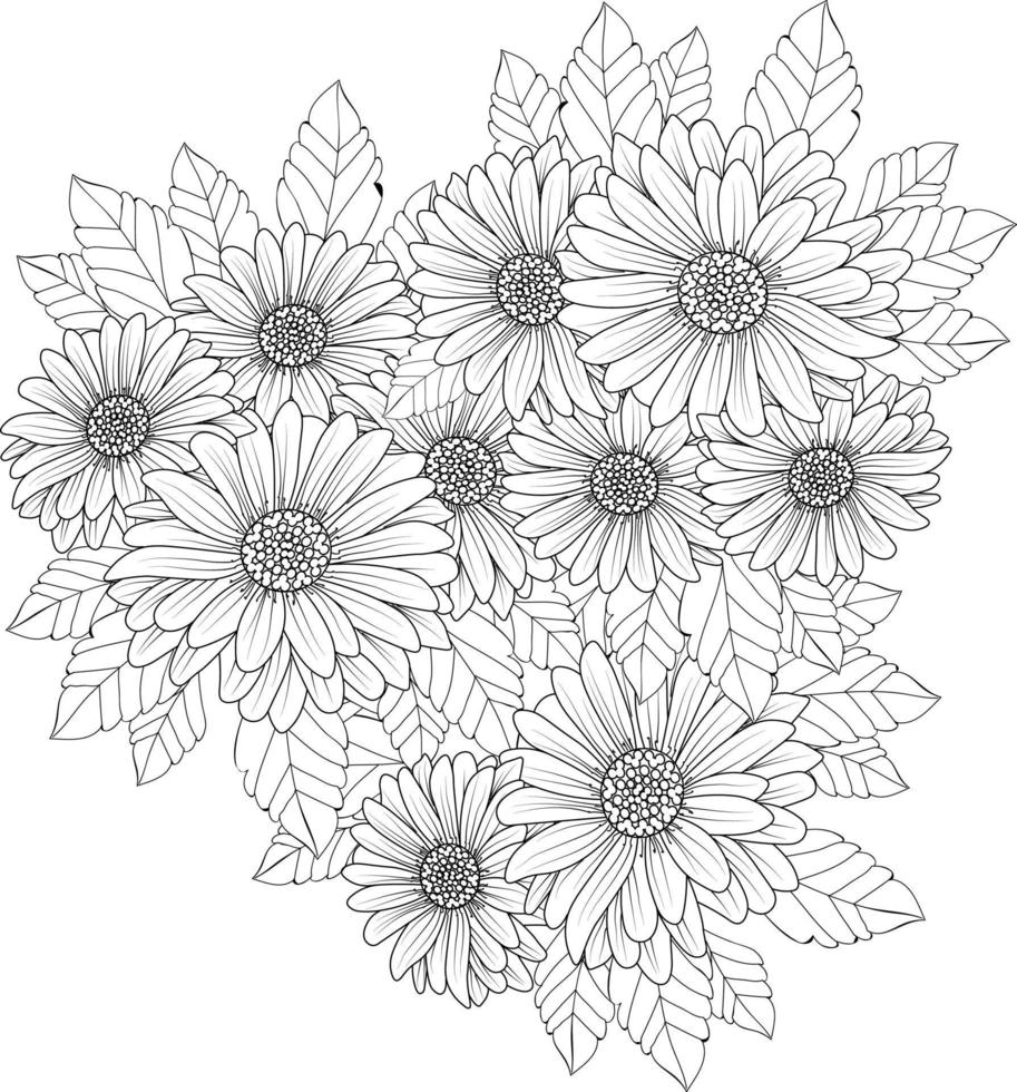 Bouquet of sun flower hand drawn pencil sketch coloring page and book for adults isolated on white background floral element tattooing, illustration ink art. vector