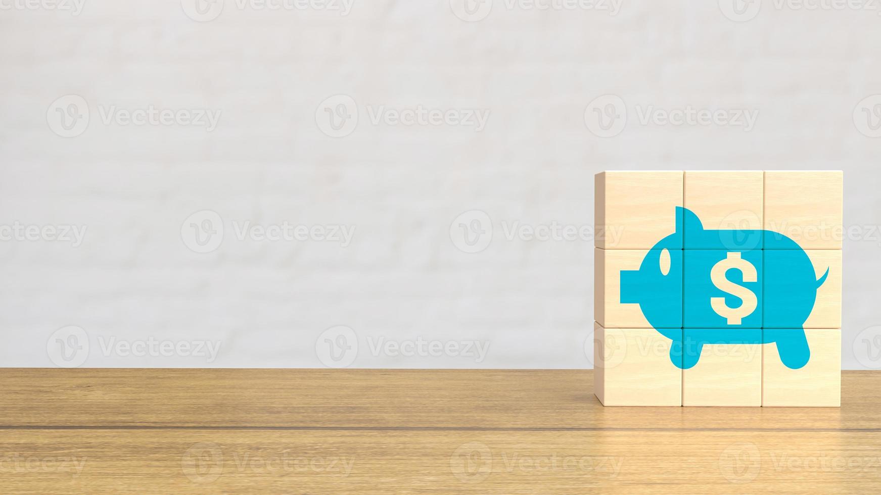 The blue piggy bank  on wood cube for business concept 3d rendering photo