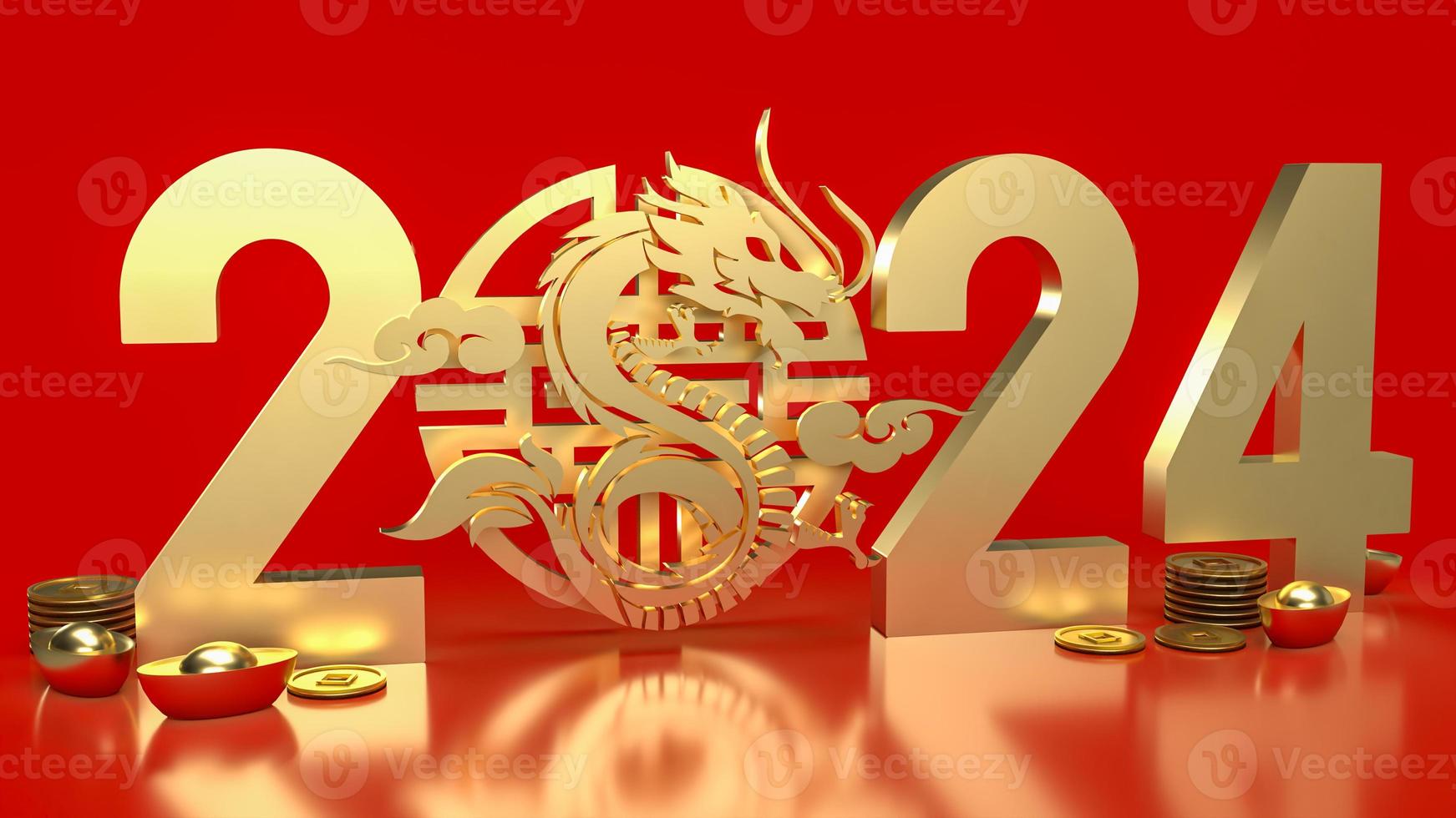 The gold Chinese money and dragon zodiac for 2024 year 3d rendering photo