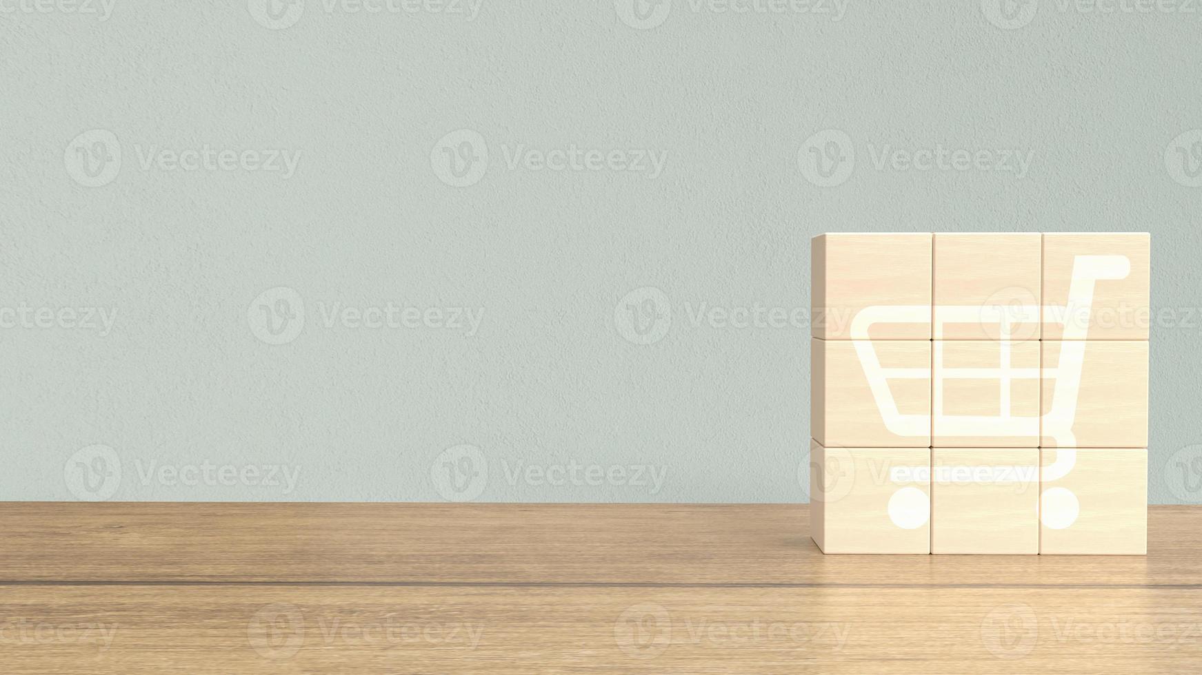The shopping cart icon  on wood cube for business concept 3d rendering photo