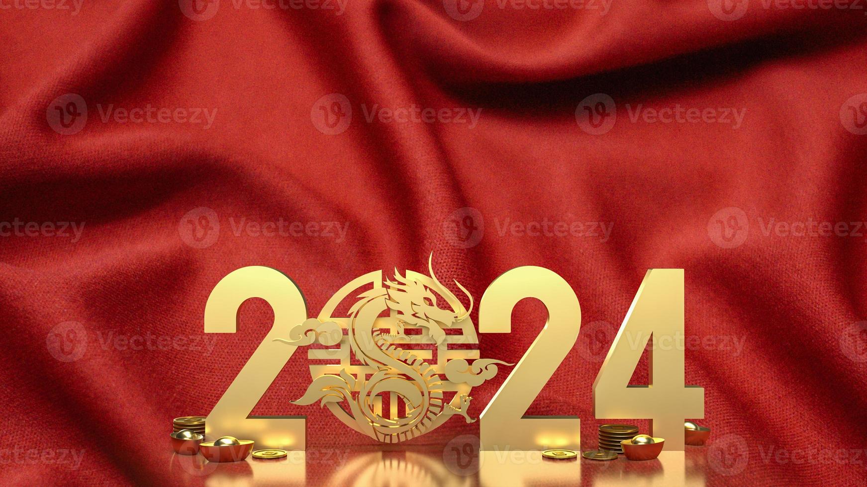 The gold Chinese money and dragon zodiac for 2024 year 3d rendering photo