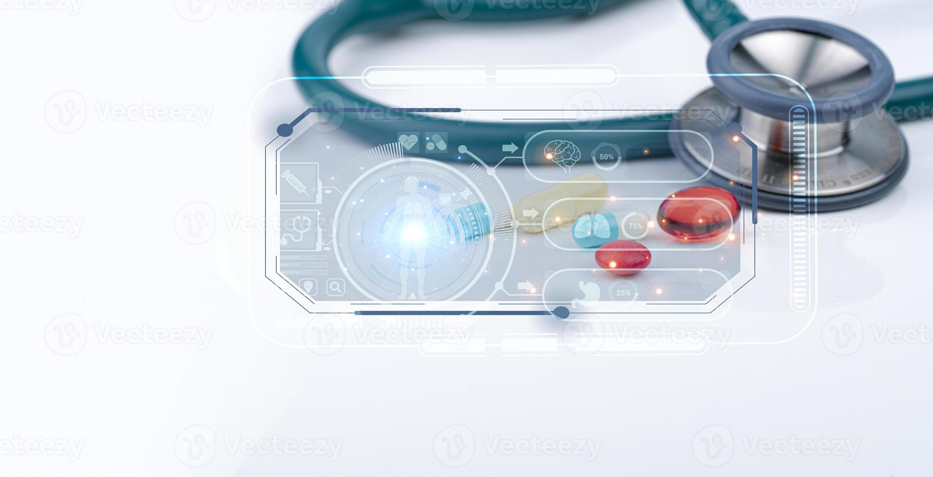 Pills and stethoscope with pharmacokinetics concept. Diagnostic medical tool. Health checkup. Healthcare and medicine. Brain, lung, stomach, syringe, and human icons. Drug metabolism. photo