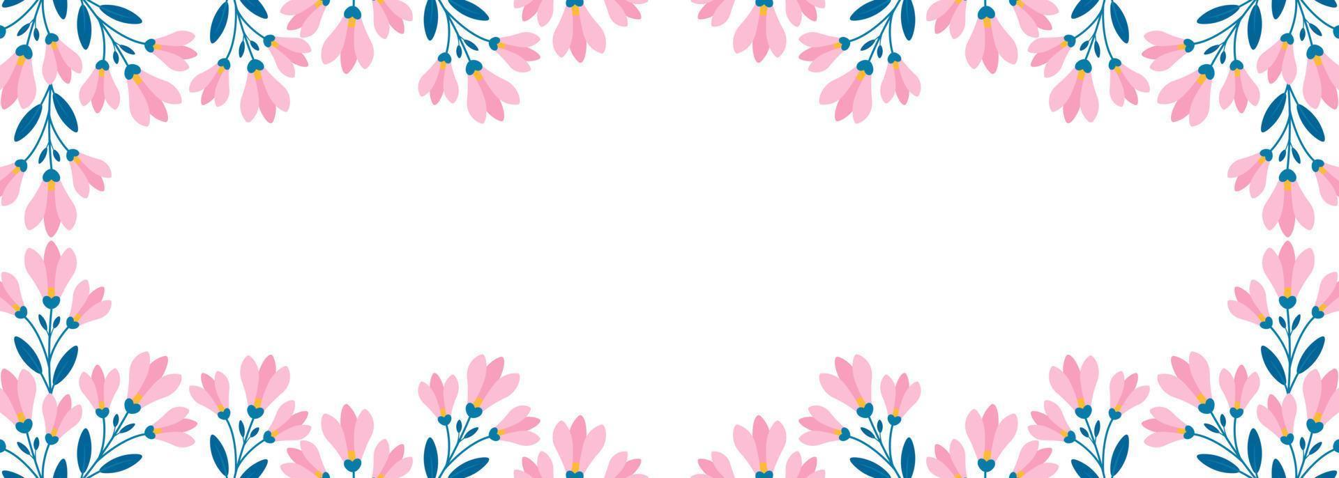 Floral horizontal border, Twigs with pink flowers and leaves in flat style. Vector template