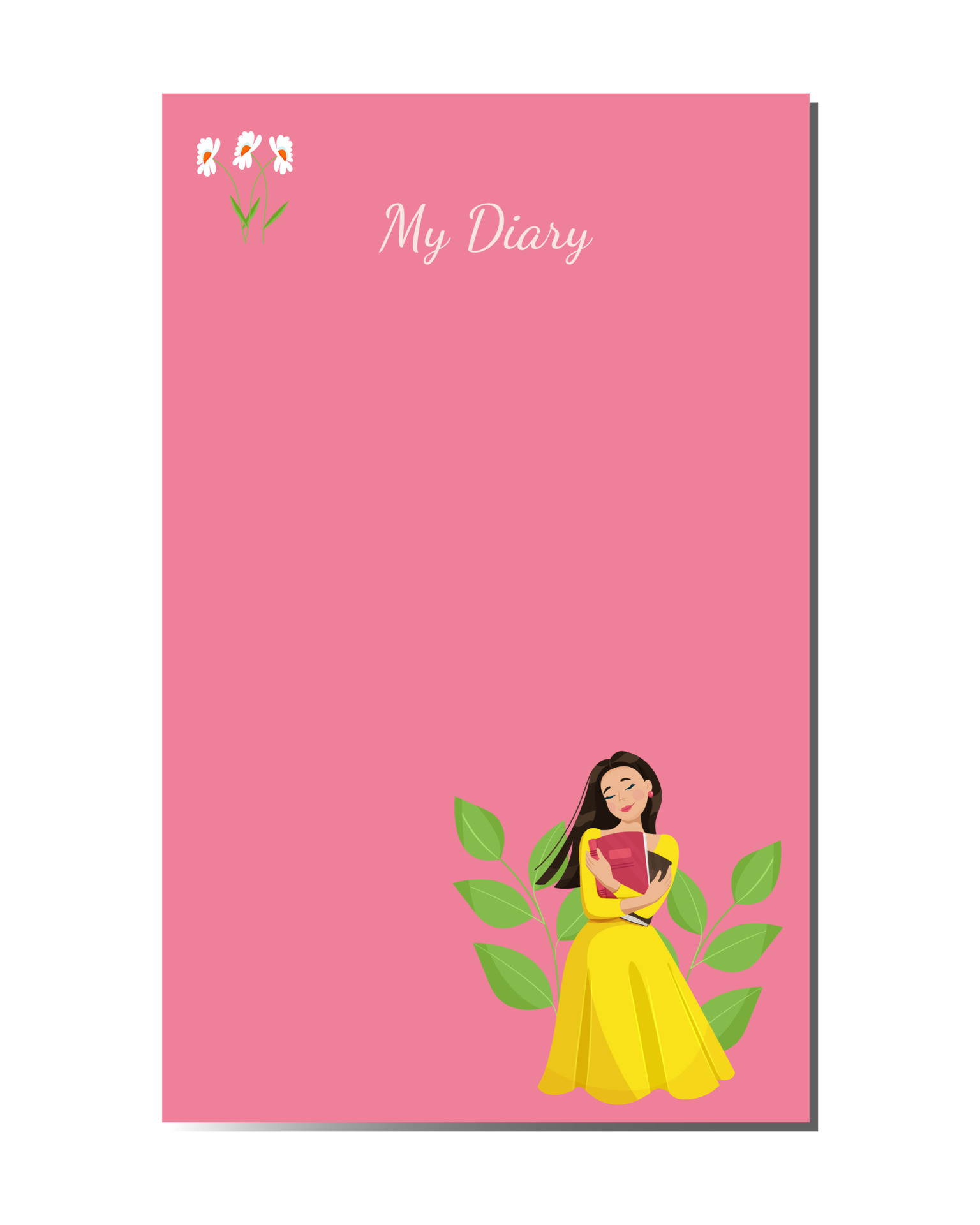 Vector personal diary page template design beautiful girl holding book in hands. Page of a girl