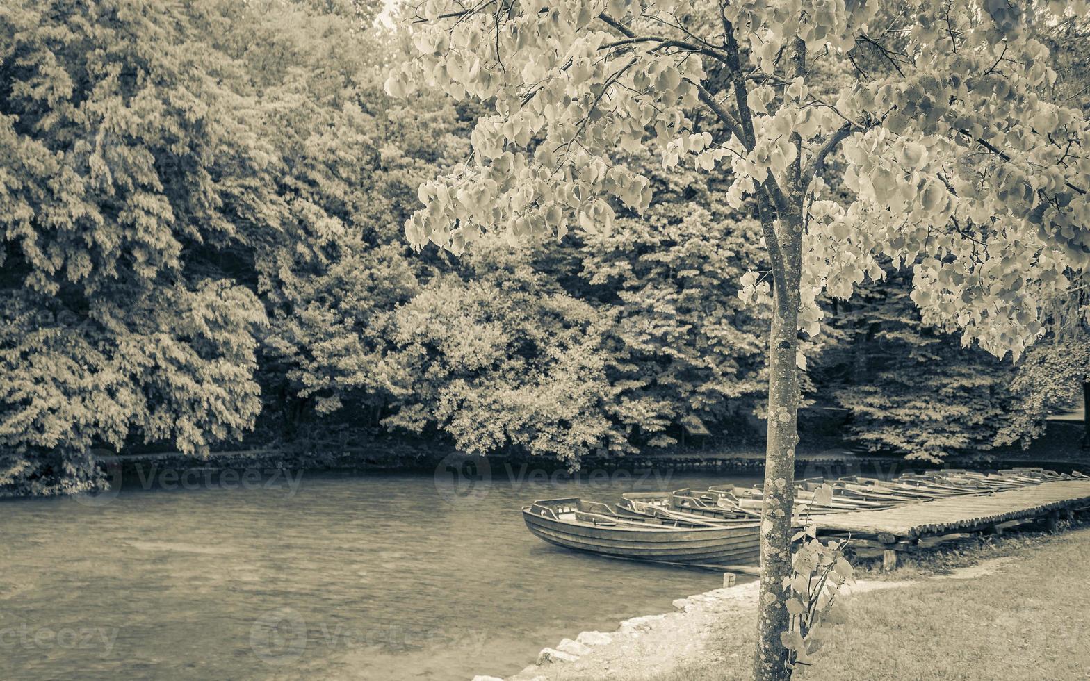 barcos marrones en el muelle del lago kocjak parque nacional de los lagos de plitvice. foto