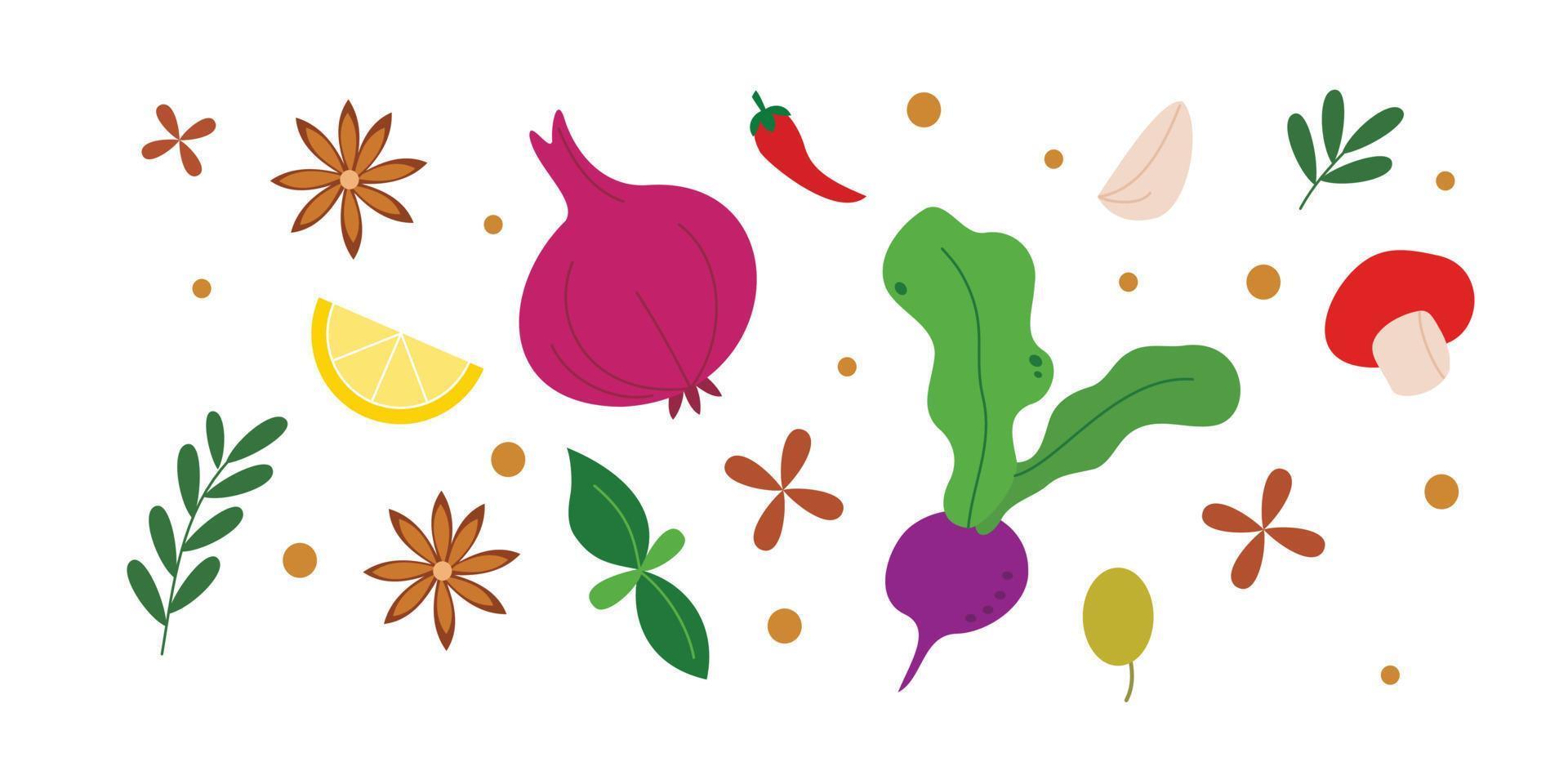 conjunto de ilustración de alimentos saludables y especias de cocina para elemento de diseño vector