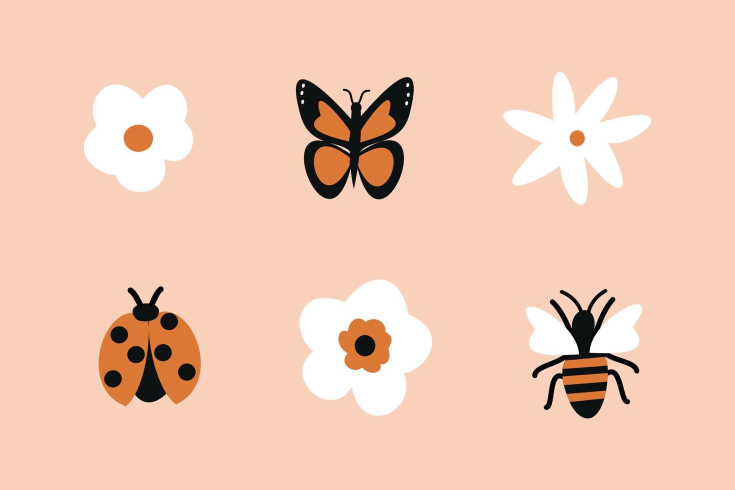 Set of garden animal illustration. Collection of flower, bug, butterfly and bee vector