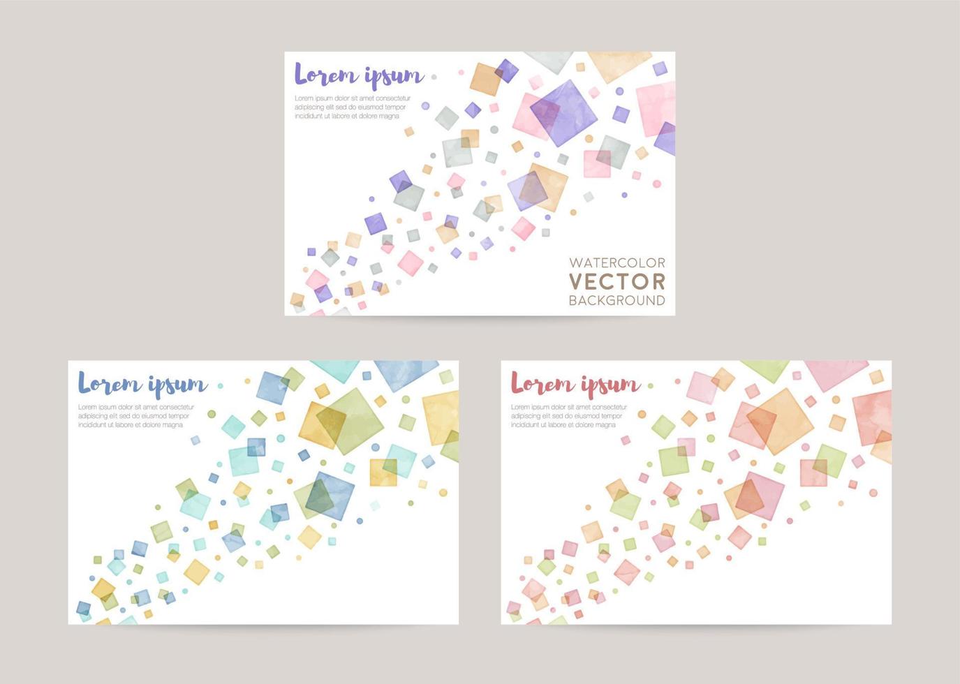 plantilla de diseño de tarjeta vectorial con cuadrados coloridos, decoración de acuarela sobre fondo blanco vector
