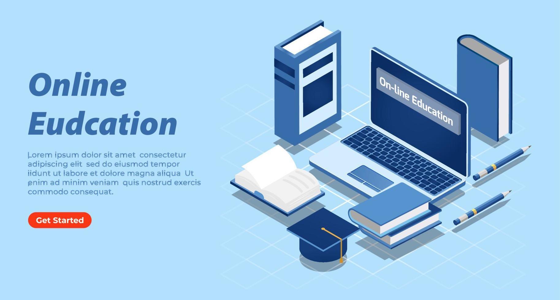 Online education concept 3d isometric, E-learning web banner vector