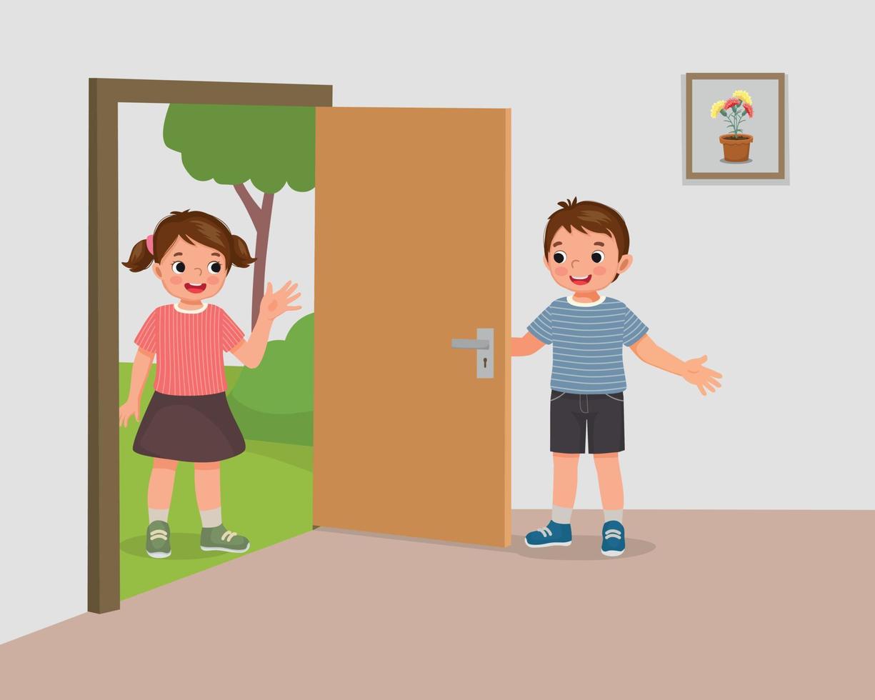 Cute little boy open the door for girl friend welcoming guest vector