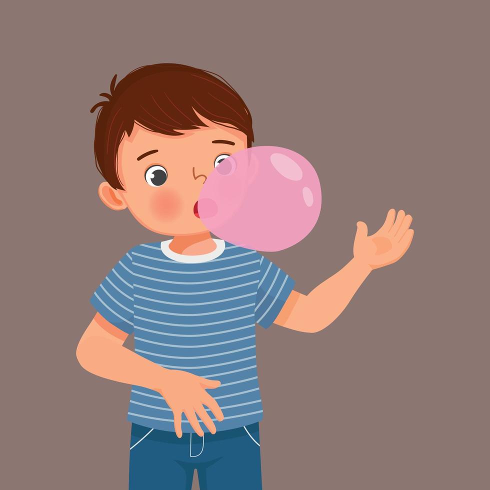 Happy little boy blowing chewing gum bubbles vector