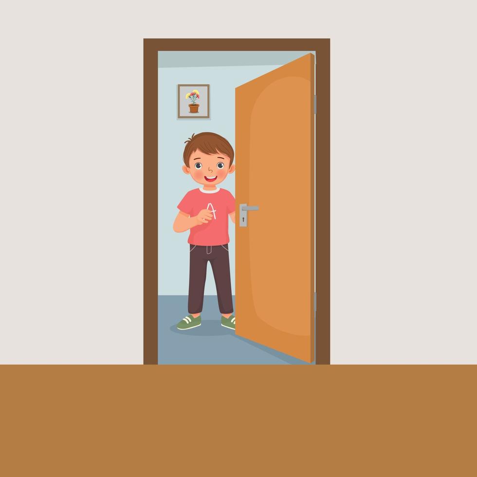 Cute little boy opening the door vector