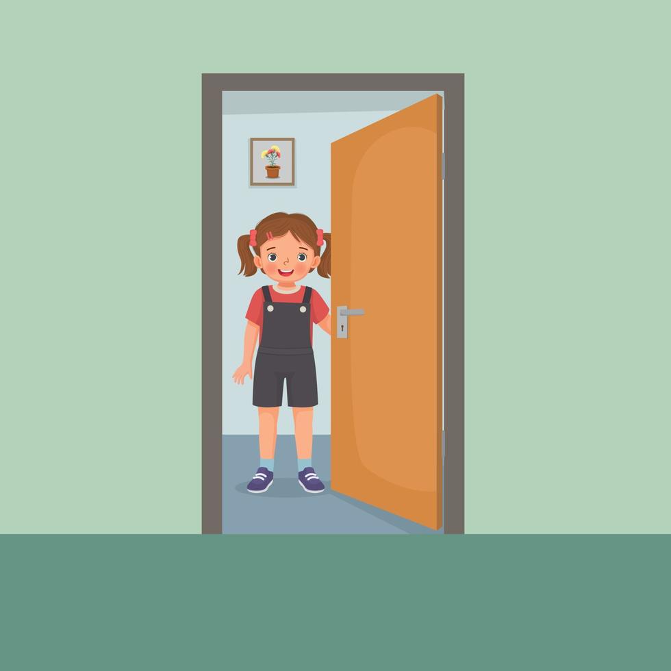 Cute little girl opening the door vector