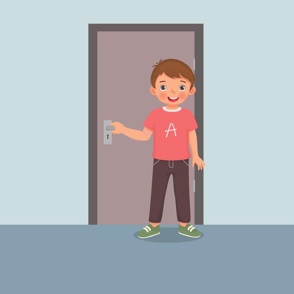 Cute little boy closing the door vector