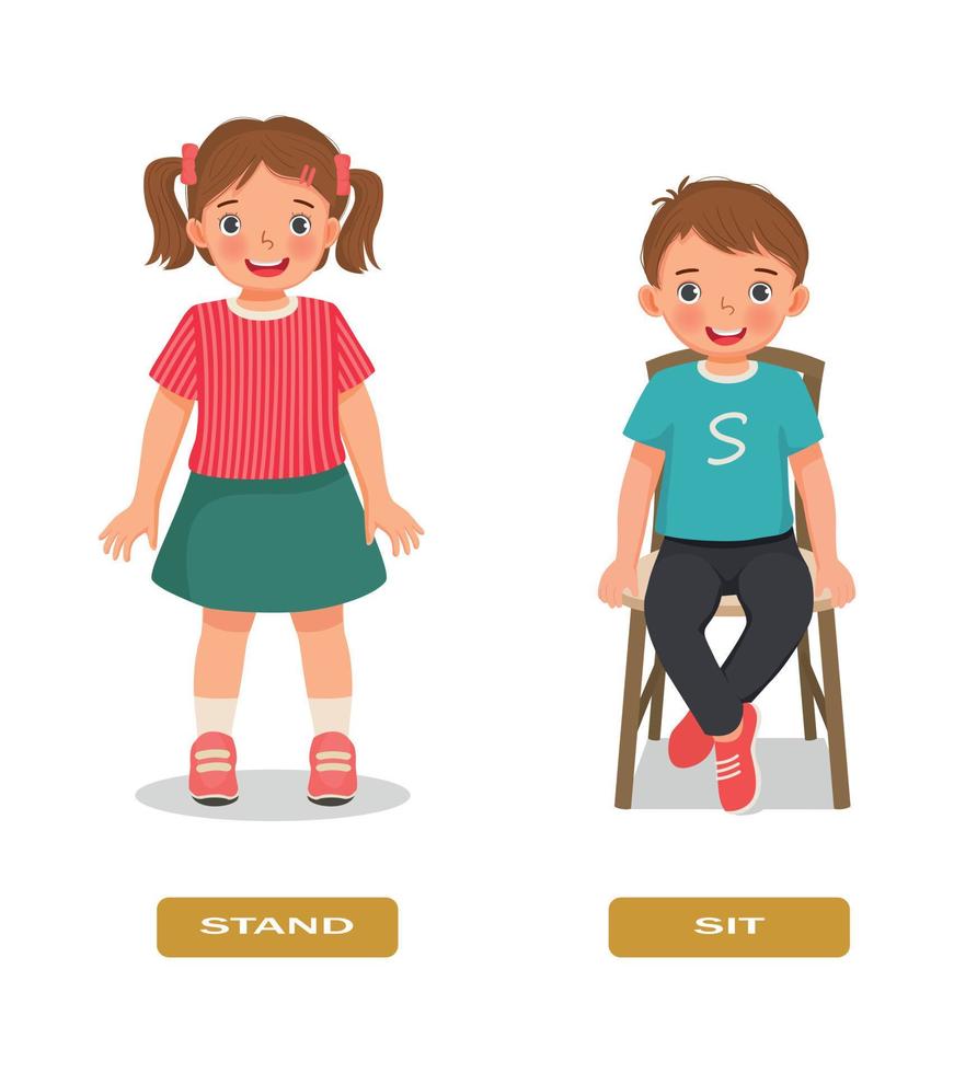 Opposite adjective antonym words sit and stand illustration of little boy sitting on a chair and girl standing explanation flashcard with text label vector