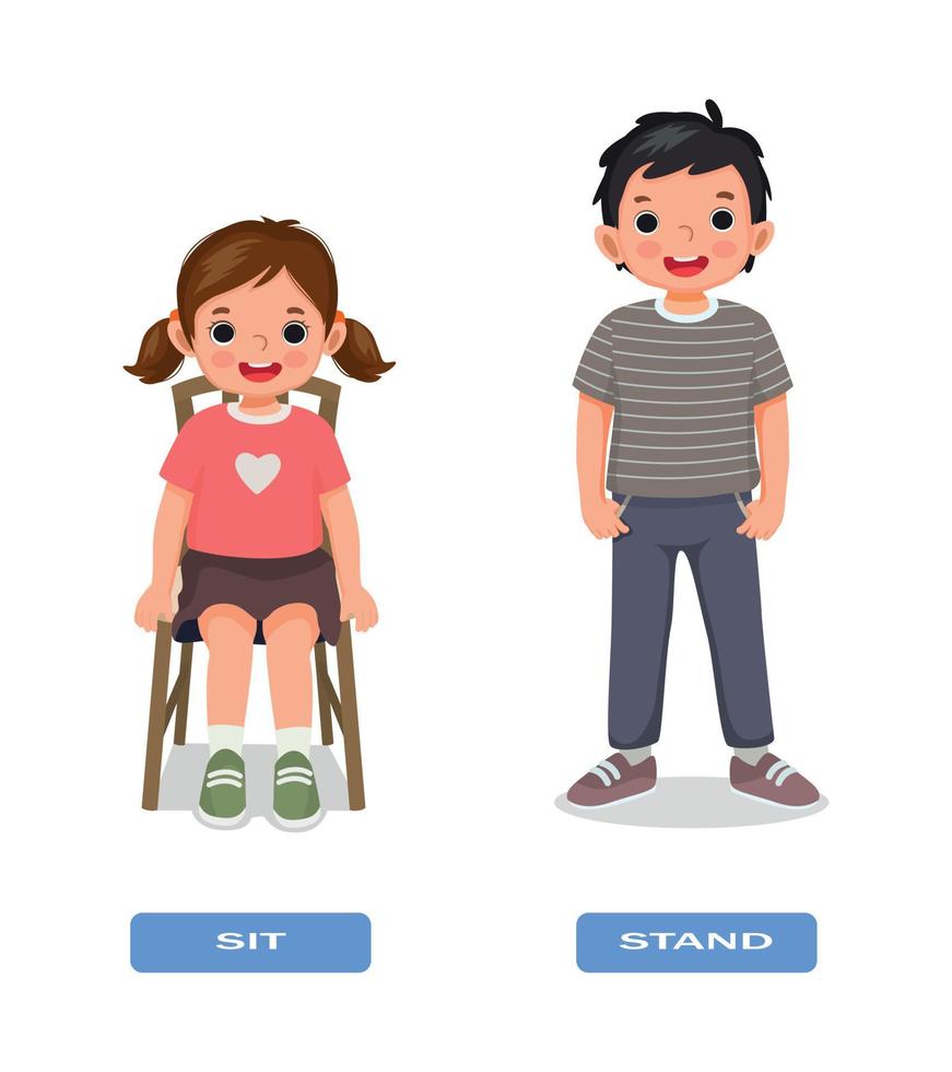 Opposite adjective antonym words sit and stand illustration of little girl sitting on a chair and boy standing explanation flashcard with text label vector