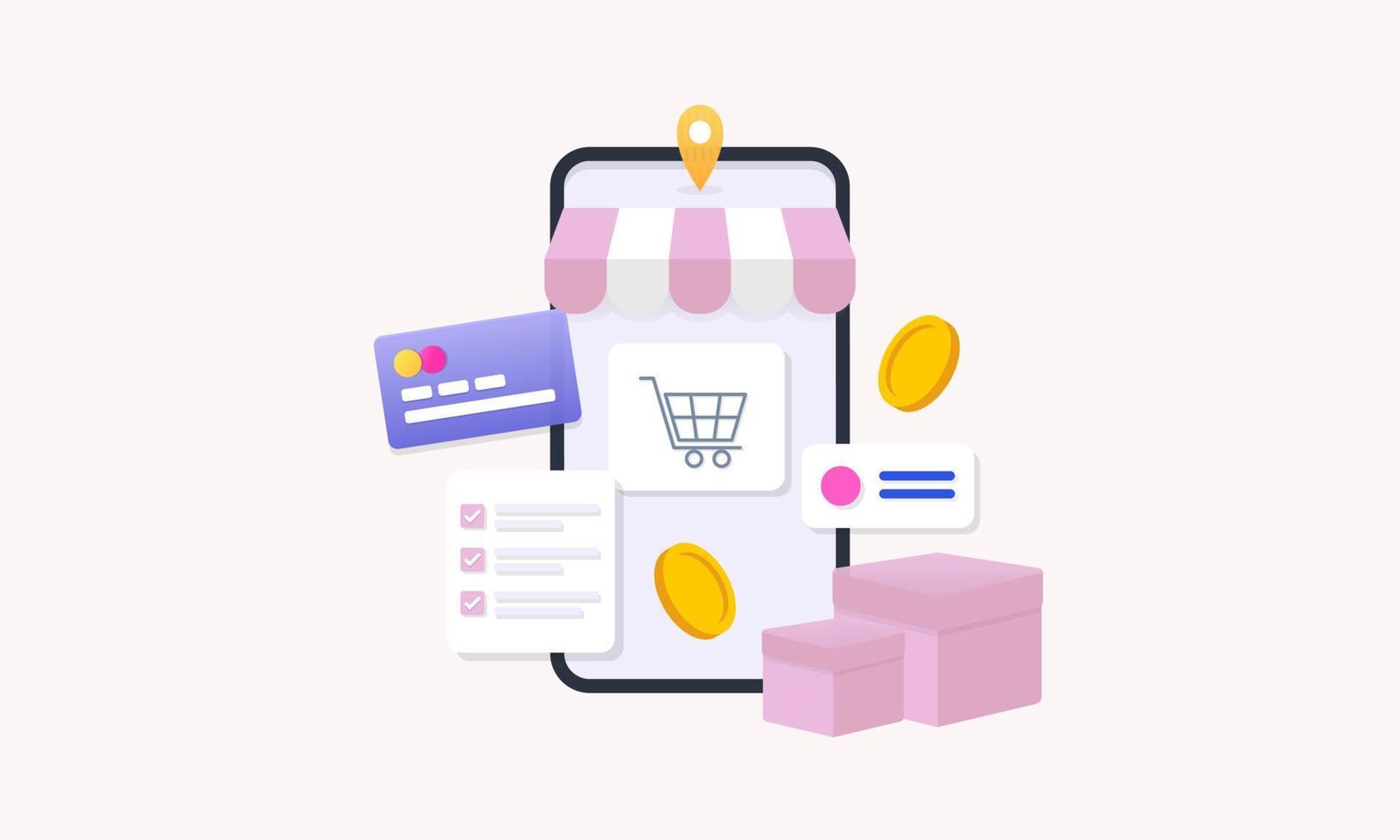 Online shopping 3d illustration, online shop, online payment and delivery concept with floating elements vector