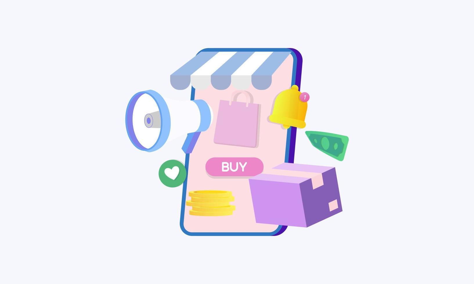 Online shopping 3d illustration, online shop, online payment and delivery concept with floating elements vector