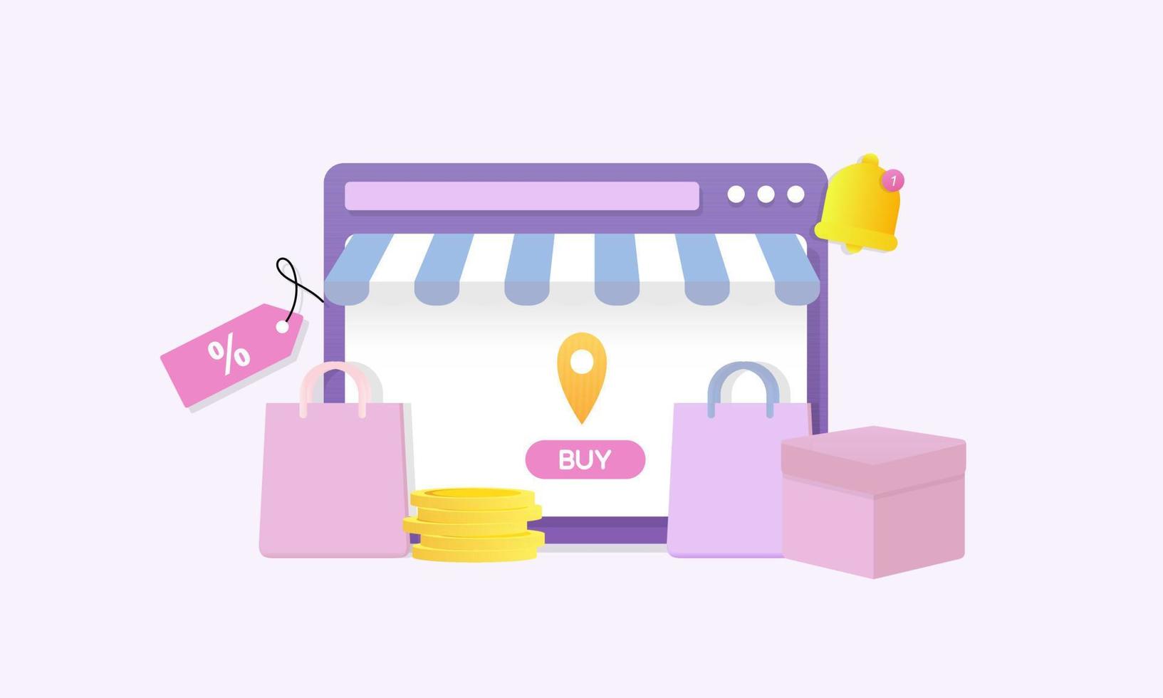 ilustración 3d de compras en línea, tienda en línea, pago en línea y concepto de entrega con elementos flotantes vector