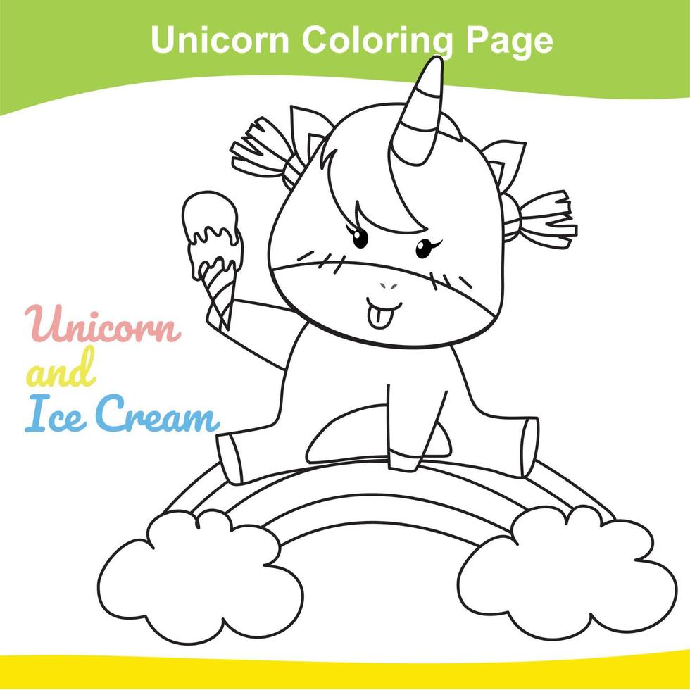 Unicorn coloring worksheet page. Coloring activity for children. Cute unicorn illustration. Vector outline for coloring.