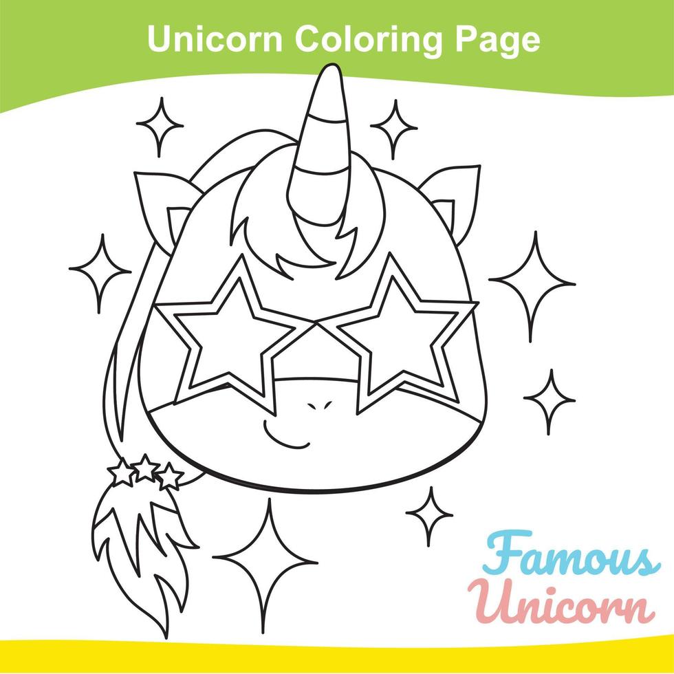 Unicorn coloring worksheet page. Coloring activity for children. Cute unicorn illustration. Vector outline for coloring.