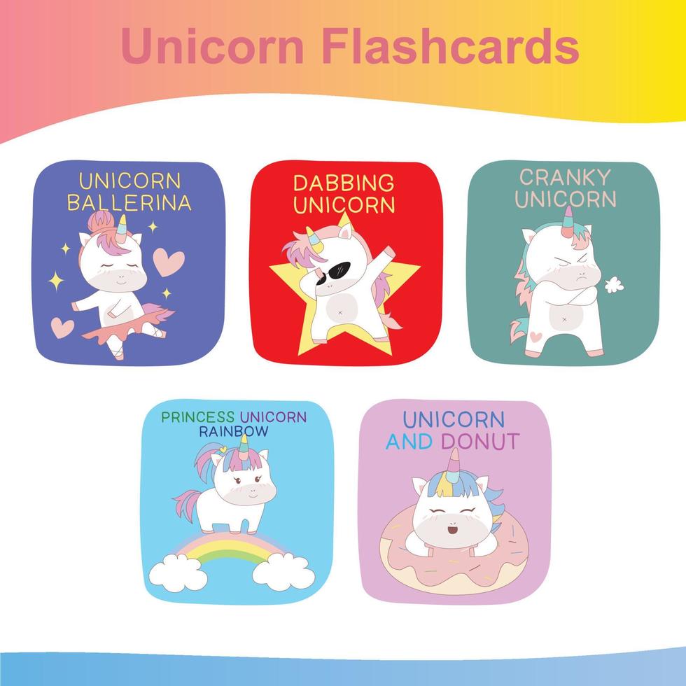 Unicorn Flashcards for Children. Cute flashcards for children. Unicorns collections flashcards. Printable game cards. Vector illustration.