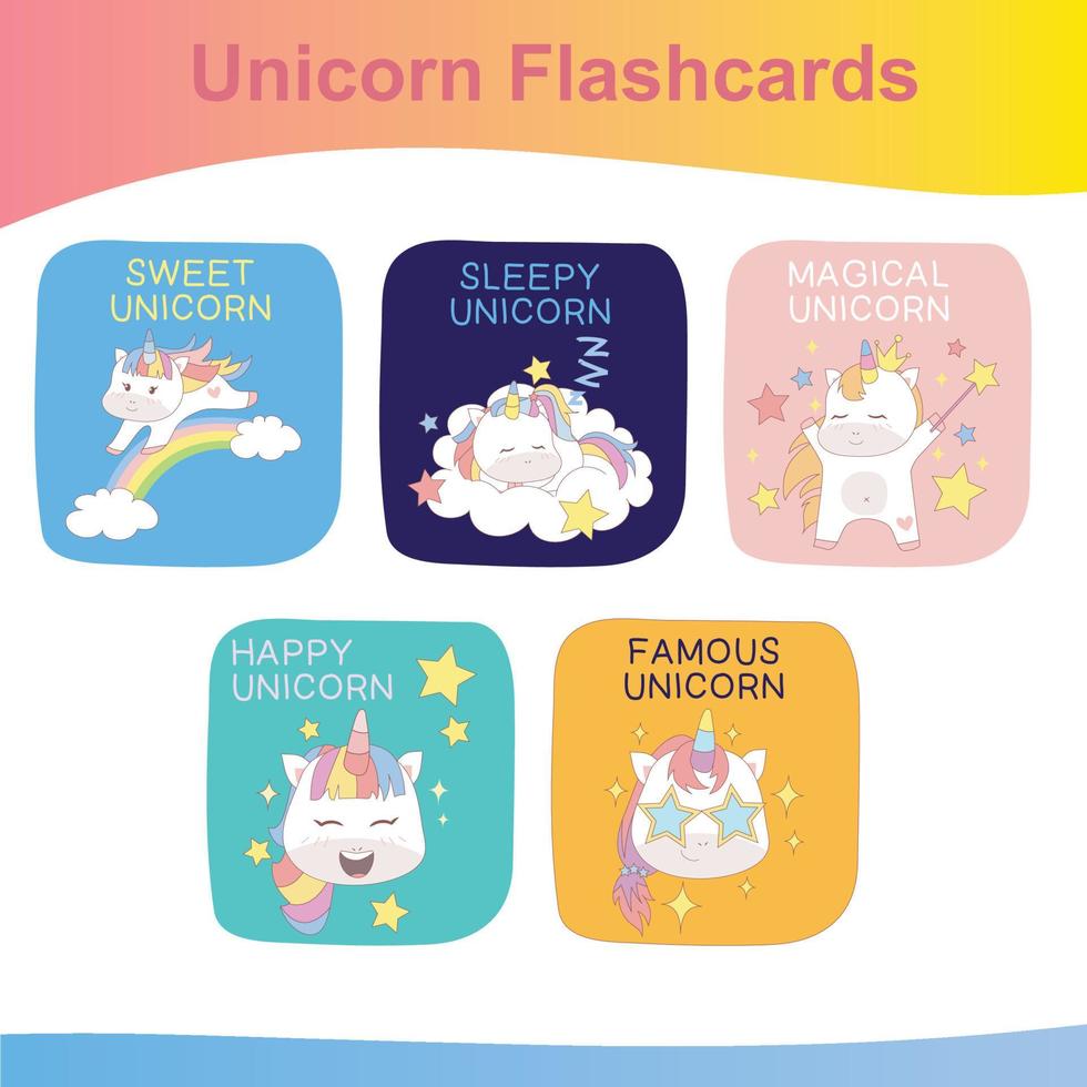 Unicorn Flashcards for Children. Cute flashcards for children. Unicorns collections flashcards. Printable game cards. Vector illustration.