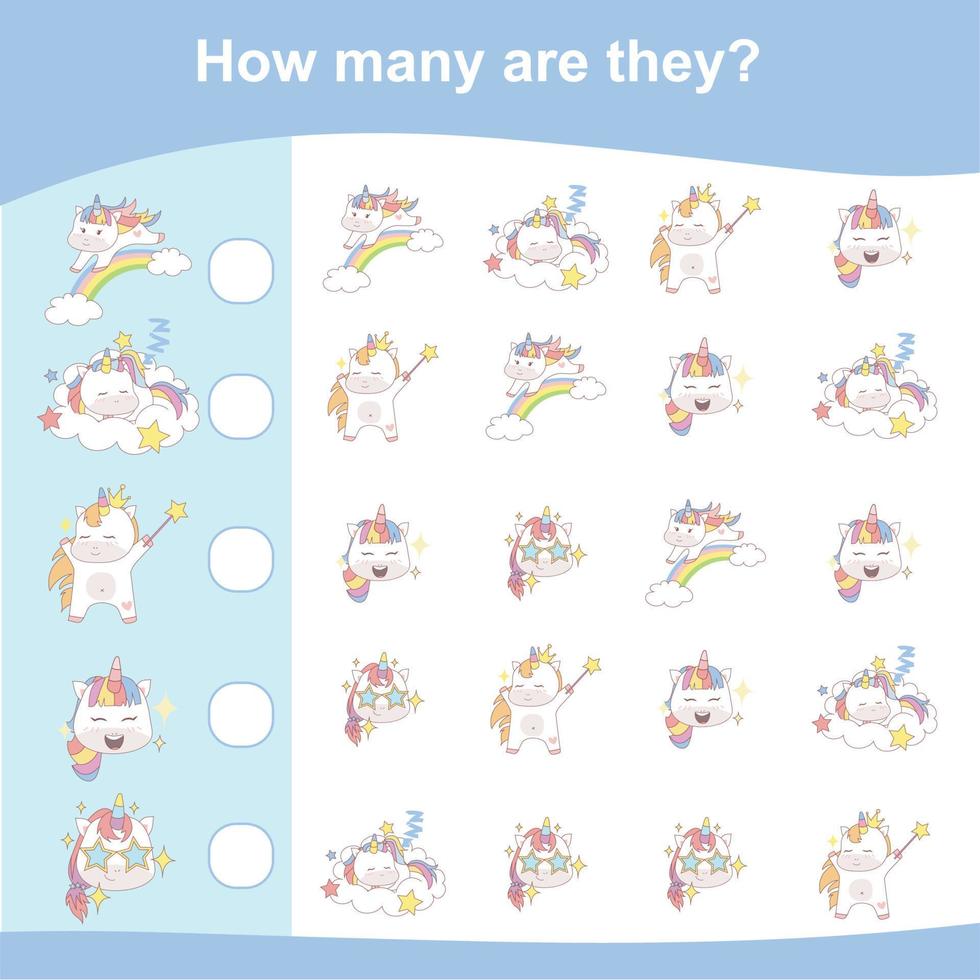 Counting unicorn game for children. Count and write answer activity for kids. Educational printable math worksheet. Vector file.