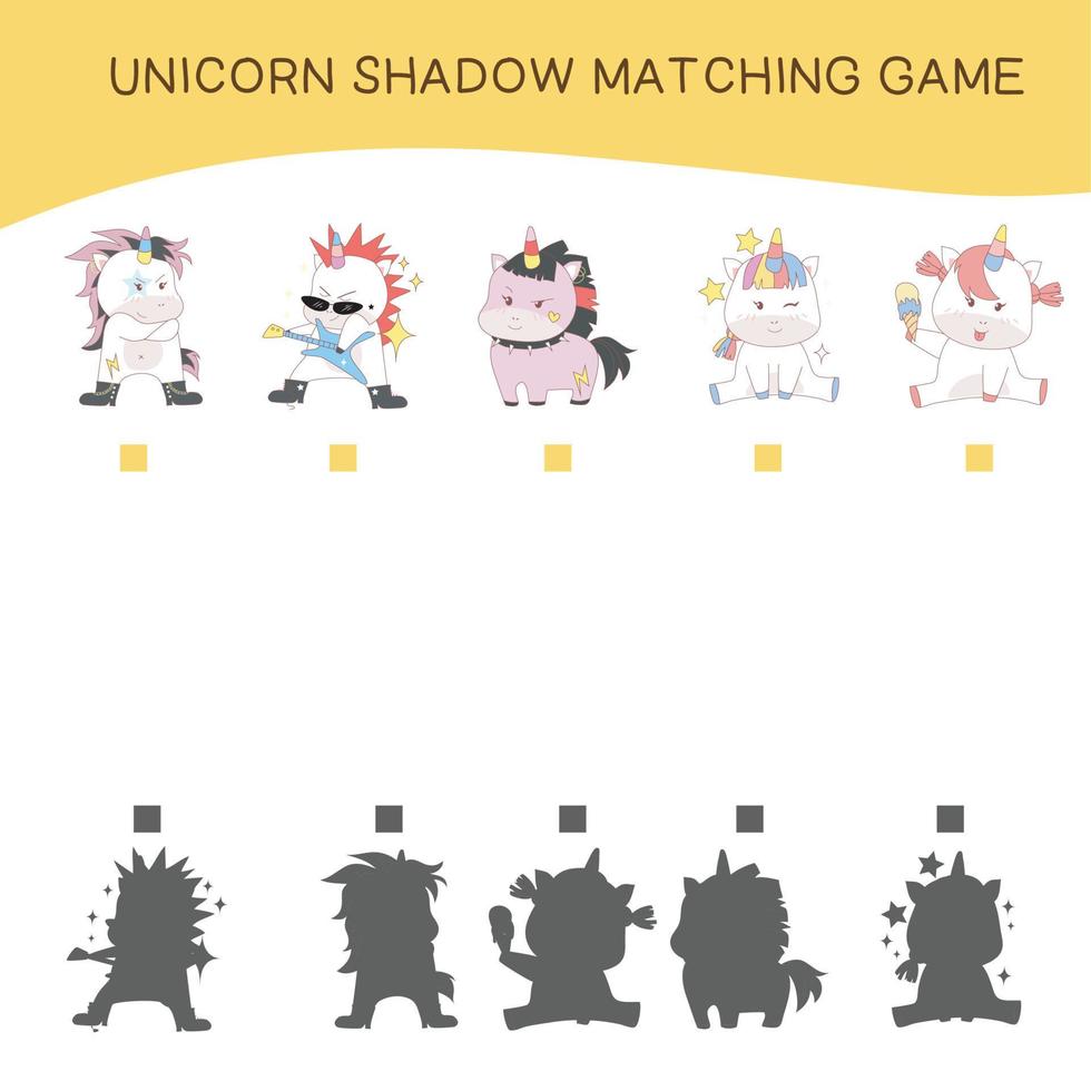 Matching unicorn shadow game for children. Cute unicorn math worksheet. Vector illustration in cartoon style.