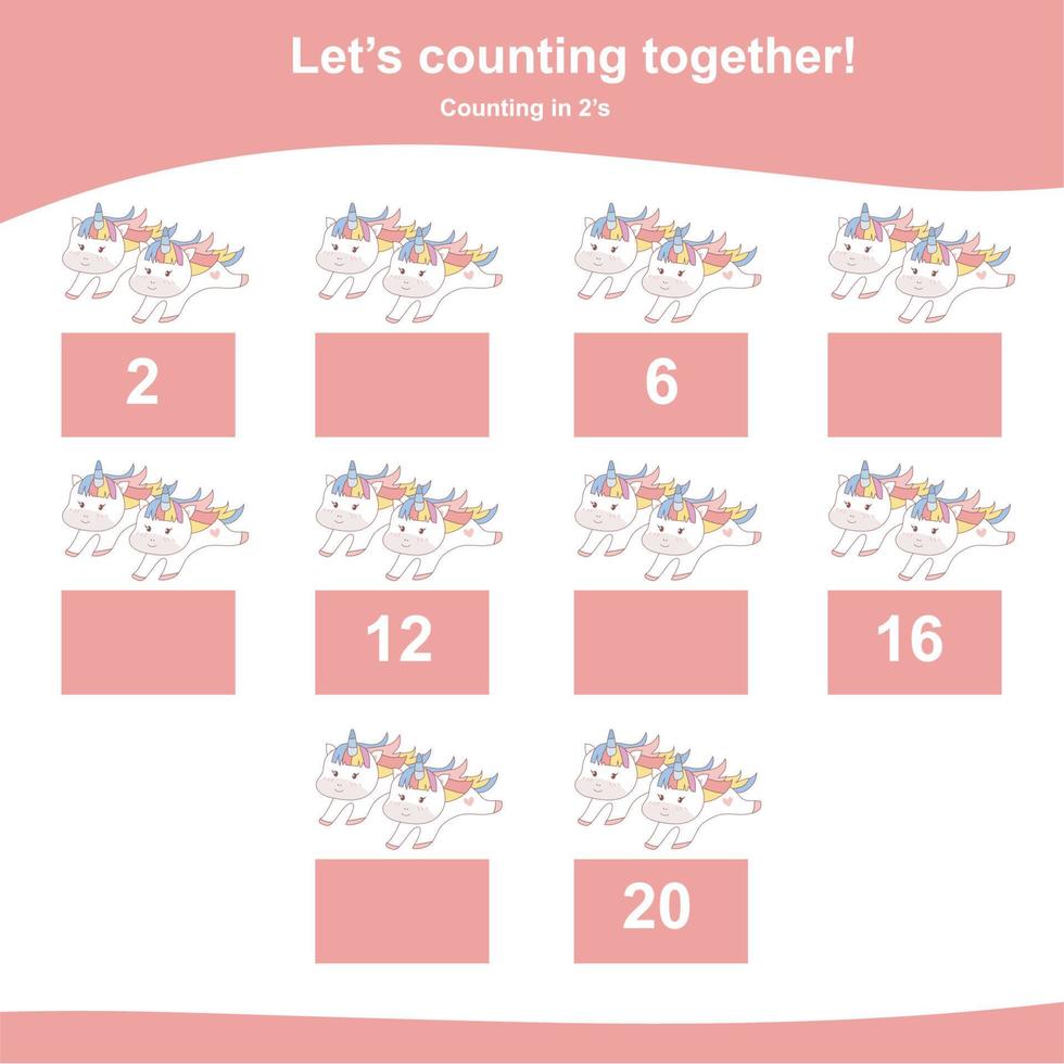 Counting unicorn game for children. Multiplying mathematic worksheet. Educational printable math sheet. Vector file.