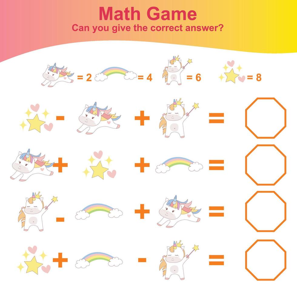 Counting unicorn game for children. Count and write answer activity for kids. Educational printable math worksheet. Vector file.