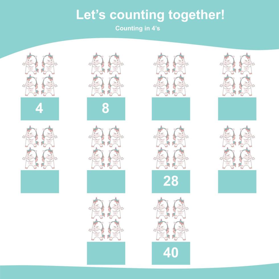 Counting unicorn game for children. Multiplying mathematic worksheet. Educational printable math sheet. Vector file.