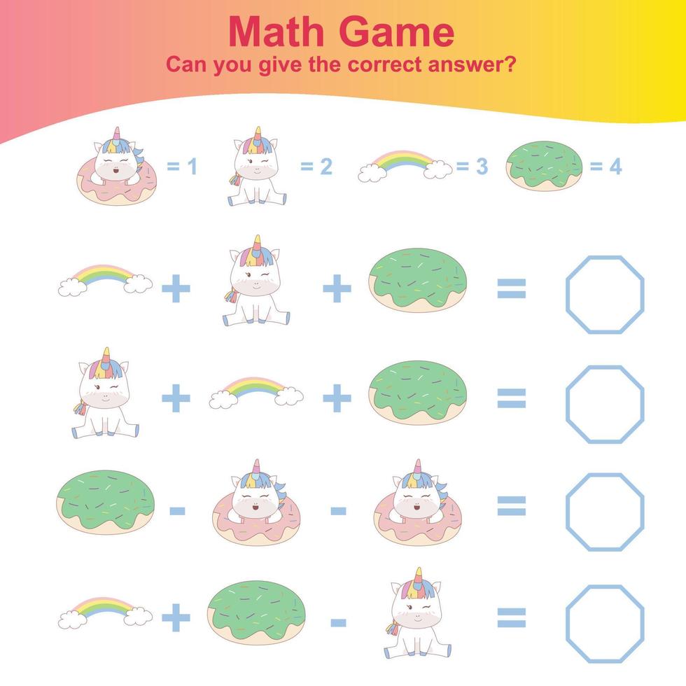 Counting unicorn game for children. Count and write answer activity for kids. Educational printable math worksheet. Vector file.