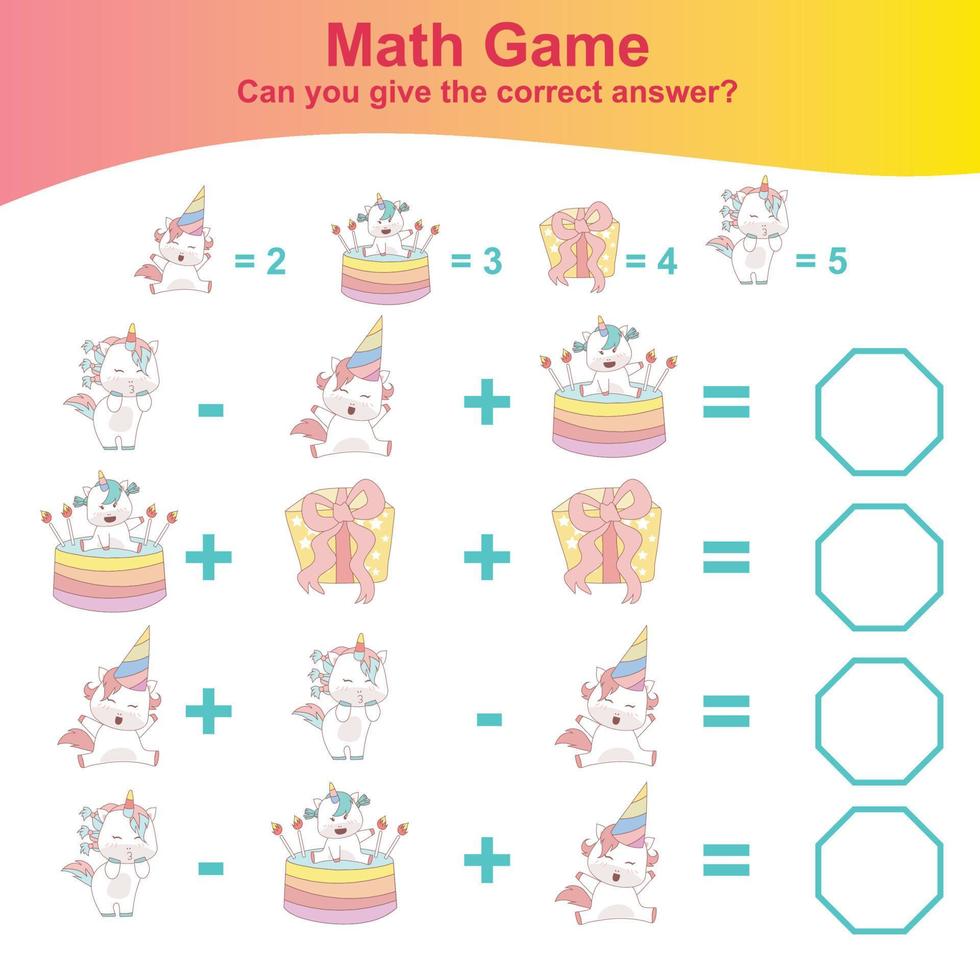 Counting unicorn game for children. Count and write answer activity for kids. Educational printable math worksheet. Vector file.