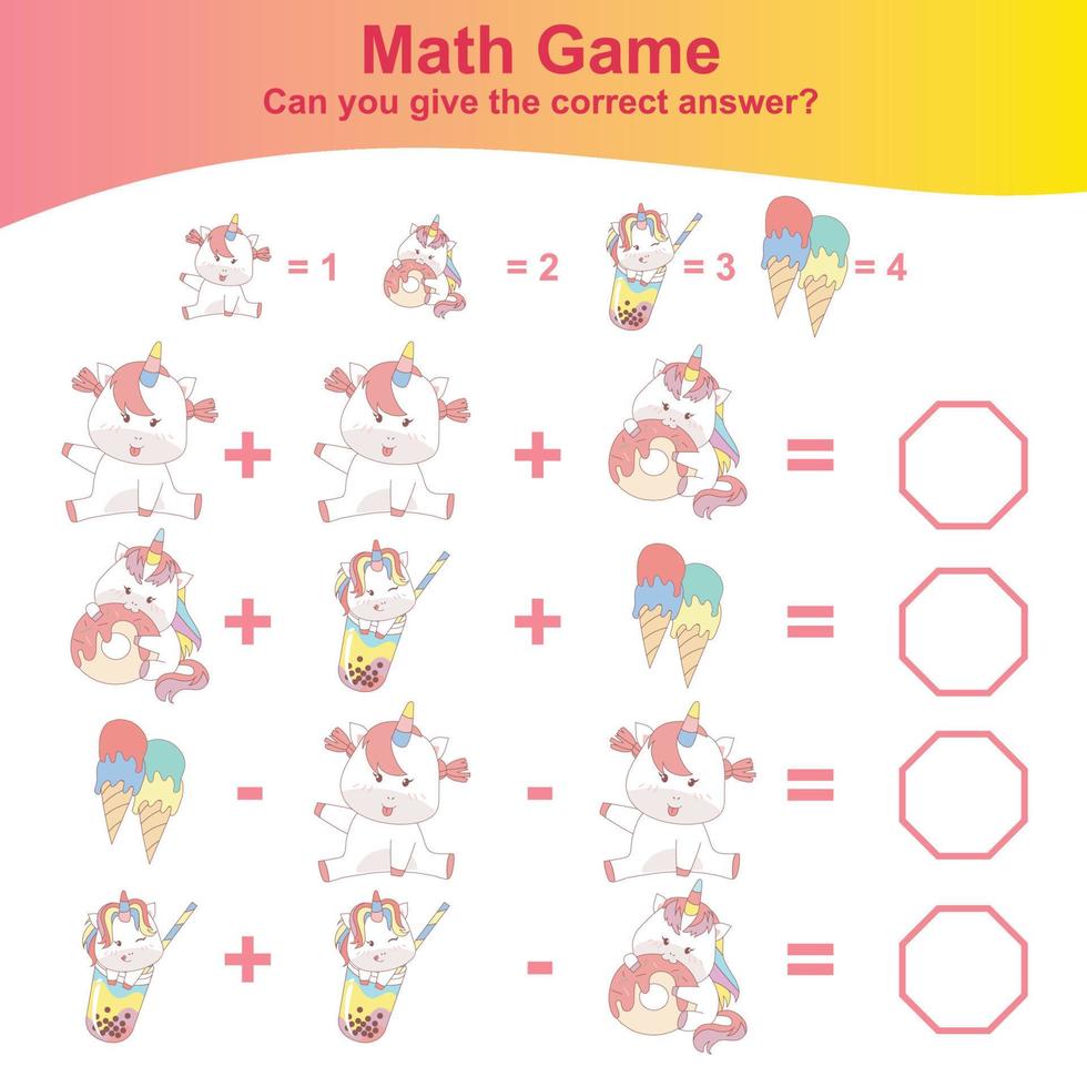 Counting unicorn game for children. Count and write answer activity for kids. Educational printable math worksheet. Vector file.