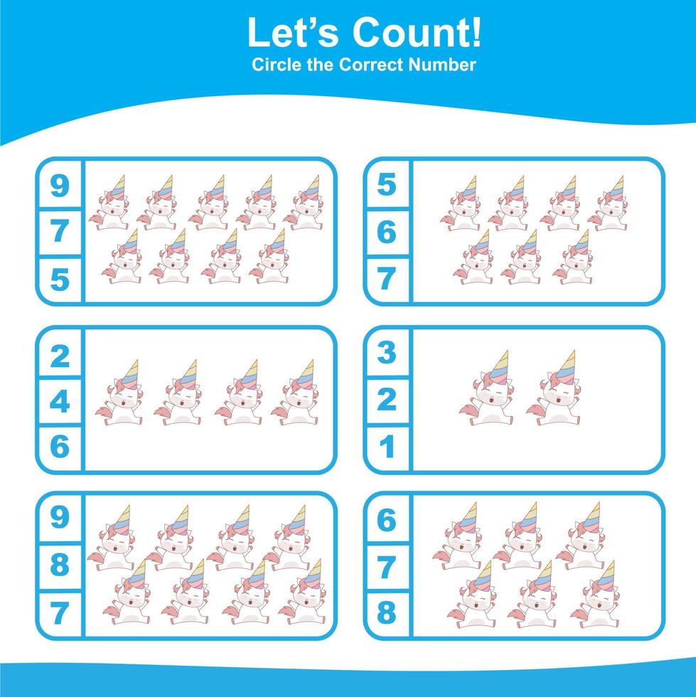 Count and Match Unicorn Game for kids. Unicorn counting game.  Math Worksheet for Preschool. Educational printable math worksheet. Vector illustration.